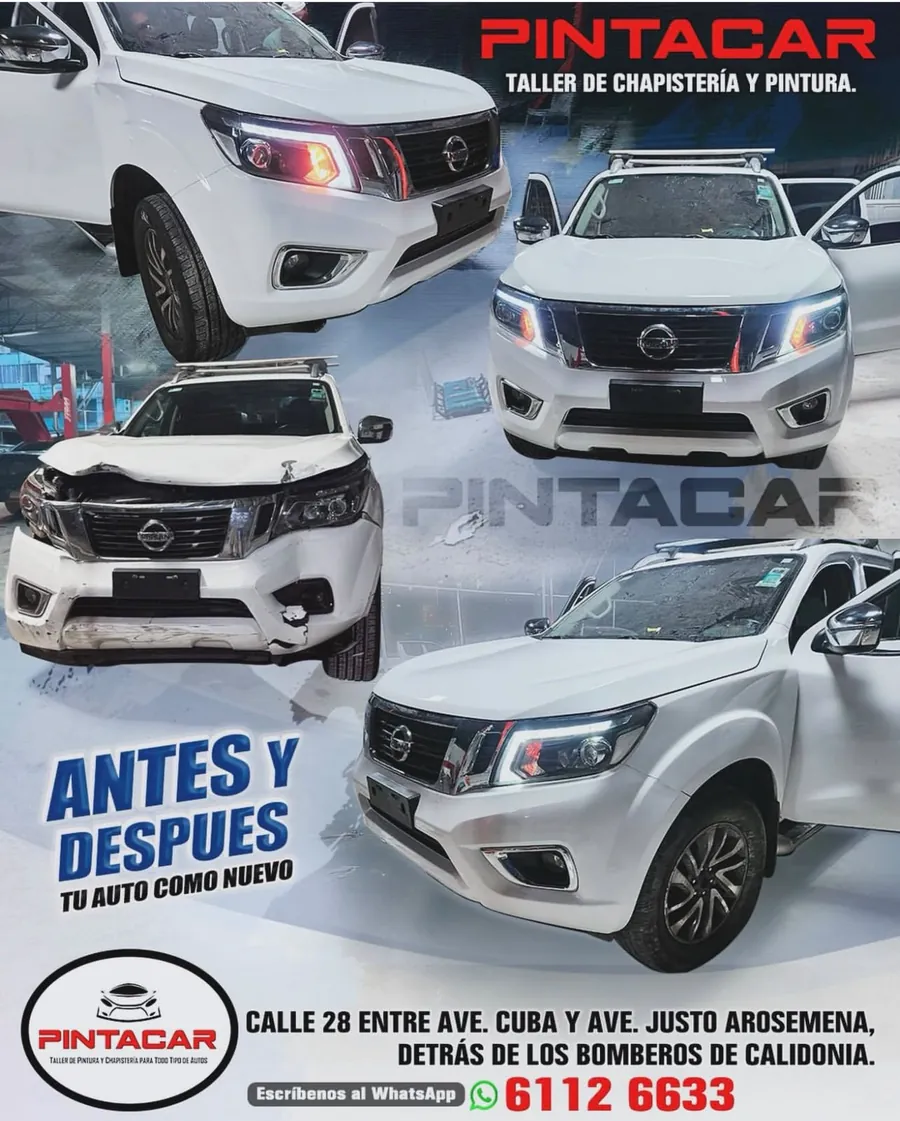 Nissan Frontier blanca antes y después de la reparación en Pintacar
